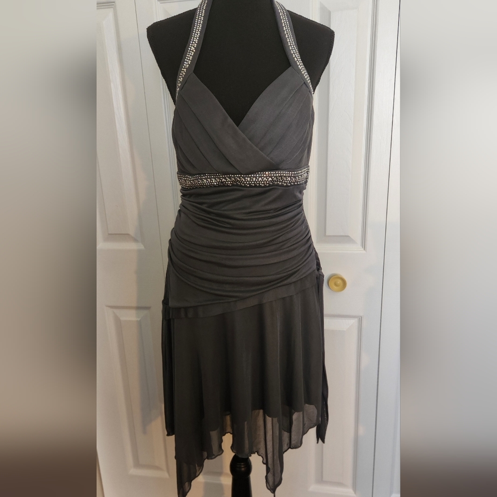 Charcoal Halter Asymmetrical Dress with Rhinestone Accents